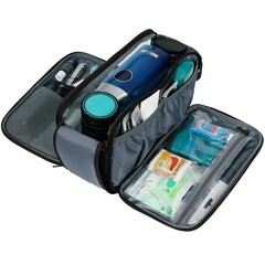 Water-resistant fabric protects toiletries during travel with ZEEMO bag.