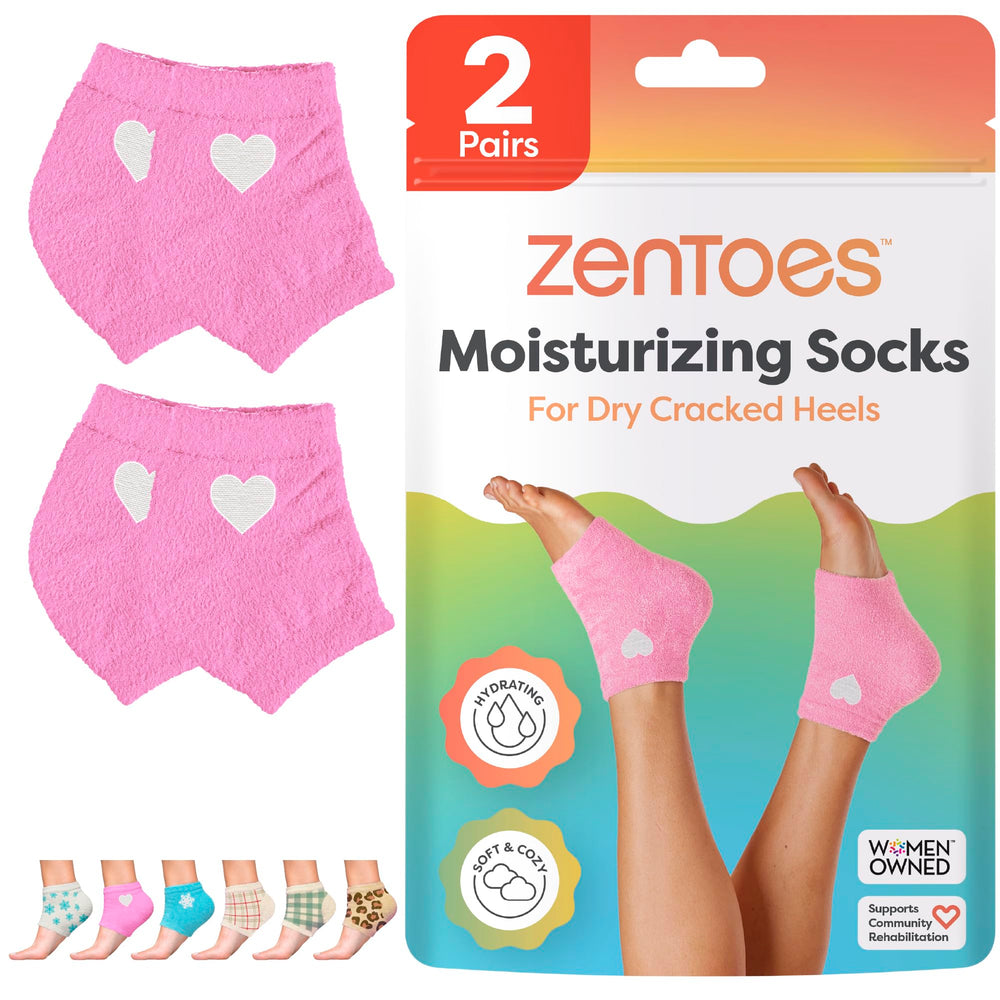 ZenToes calcetines hidratantes para talones rosas, suavizando la piel durante la noche.