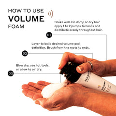Zenagen Volume Foam on hand demonstrates airy texture for lifting hair.