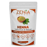 Zenia henna powder jar closeup showing pure, chemical-free color base for natural results.