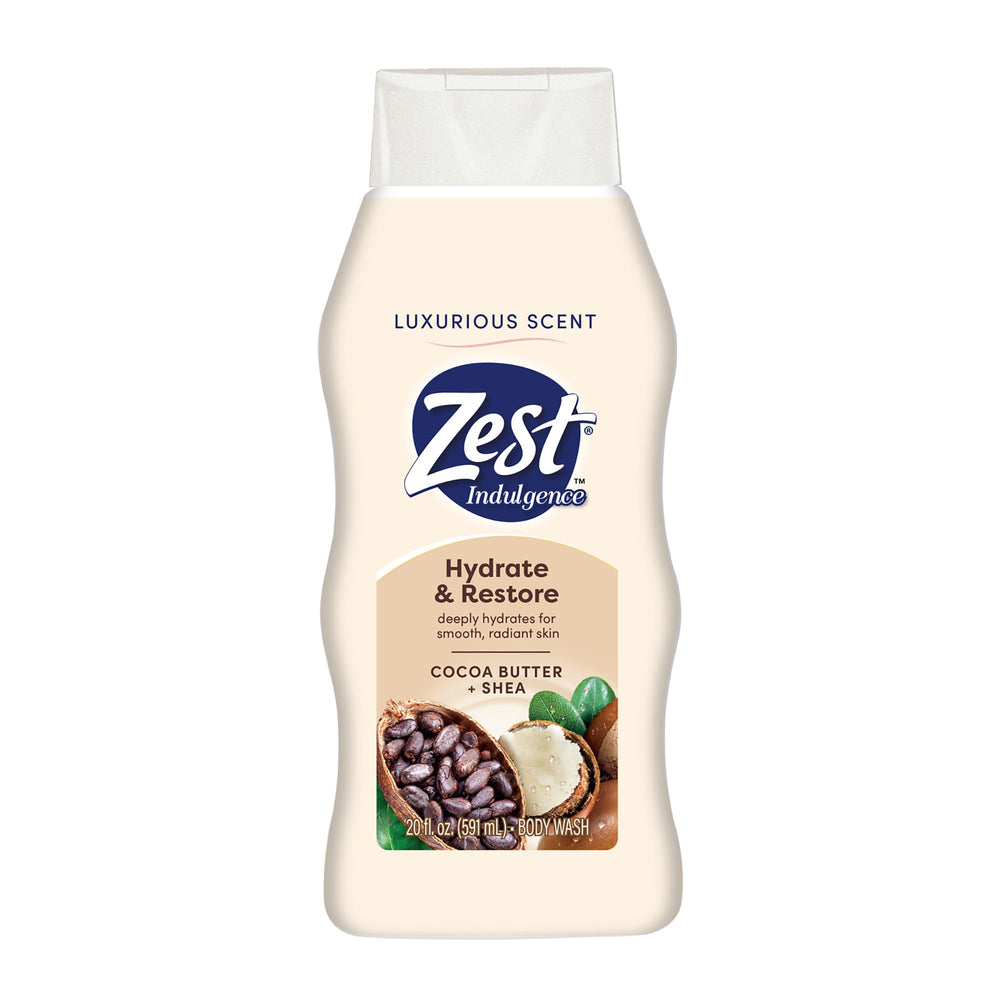 Zest con manteca de cacao y karité, botella vertiendo, hidratación profunda para la piel.