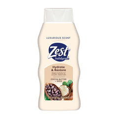 Zest con manteca de cacao y karité, botella vertiendo, hidratación profunda para la piel.