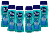 Zest Hydrating Body Wash Aqua bottle front view shows vitamin E hydration for soft skin.