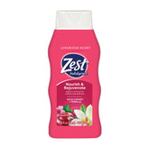 Zest Wild Cherry and Vanilla body wash bottle pour delivering a hydrating cleanse