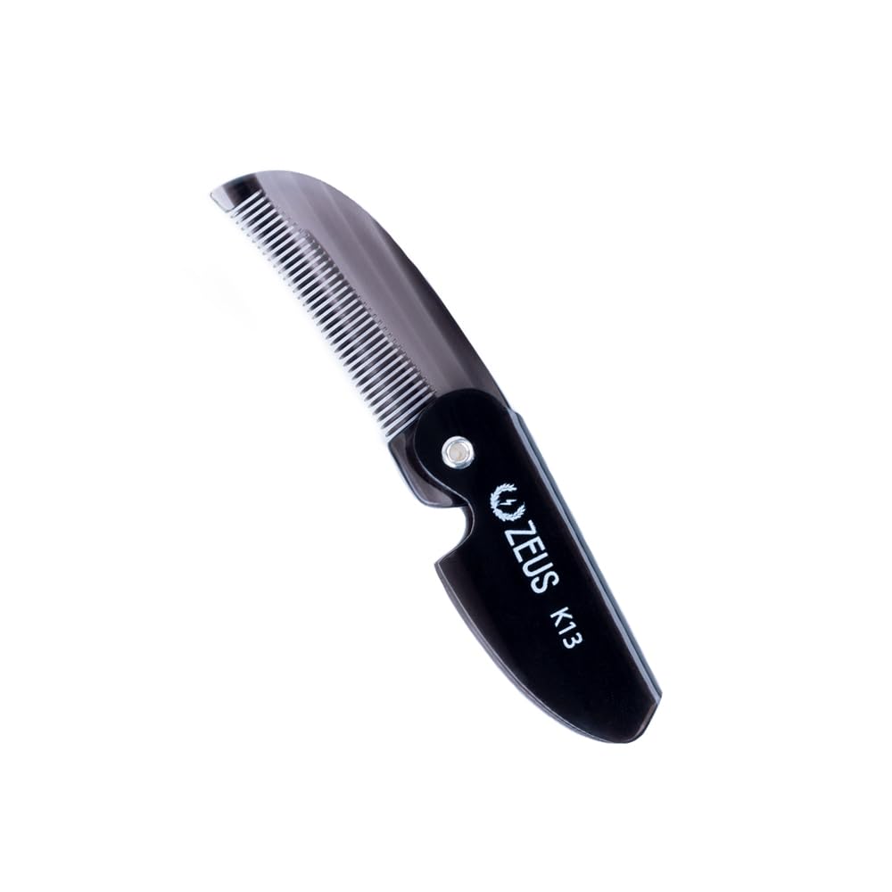 ZEUS folding mustache comb open view shows compact pocket design for on the go grooming.