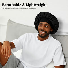 Men wearing the ZHENSILK bonnet during sleep enjoy a relaxed, secure fit.