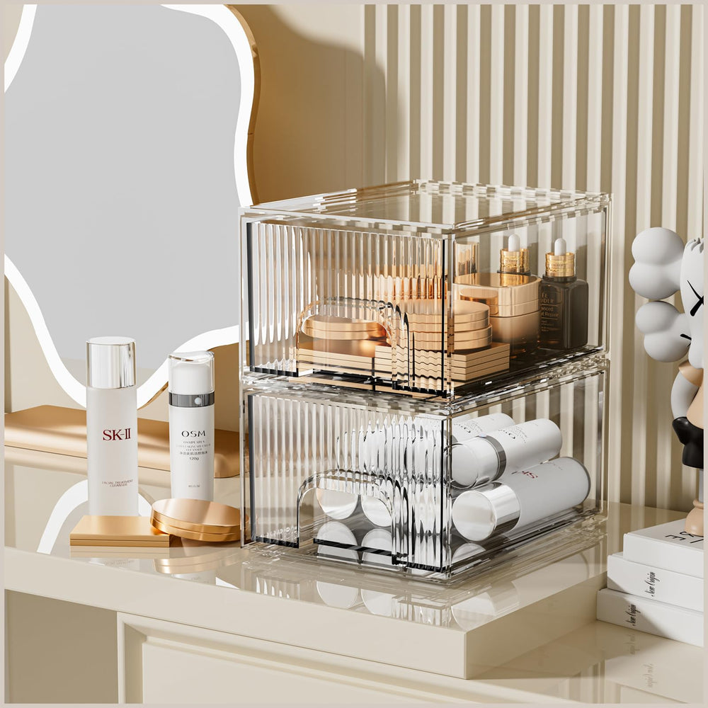 ZHIAI clear stackable cosmetic organizer drawer on vanity keeps makeup neatly arranged.