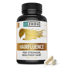 ZHOU Hairfluence bottle closeup highlighting science-backed hair support formula.