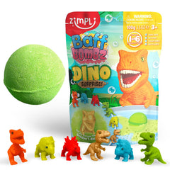 Zimpli Kids large dino surprise bath bomb reveals hidden dinosaur toy during bath time.