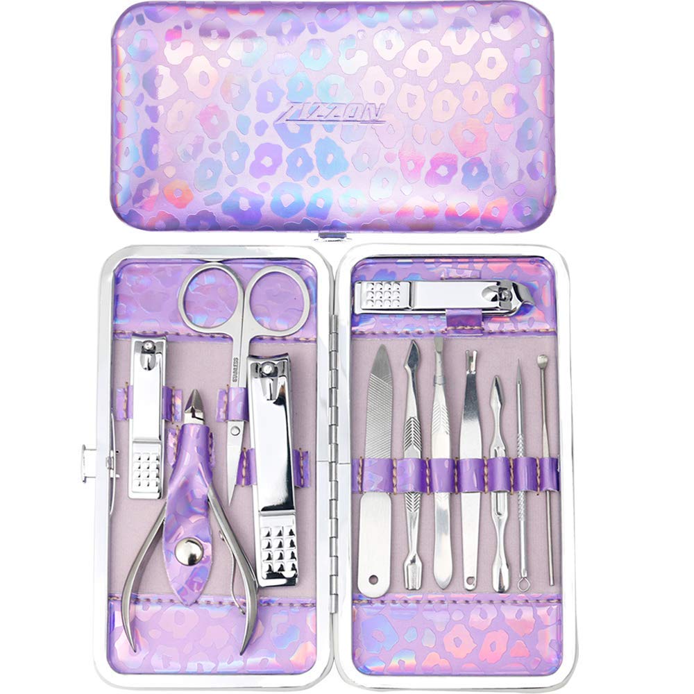 ZIZZON nail clippers kit in holographic purple case for travel