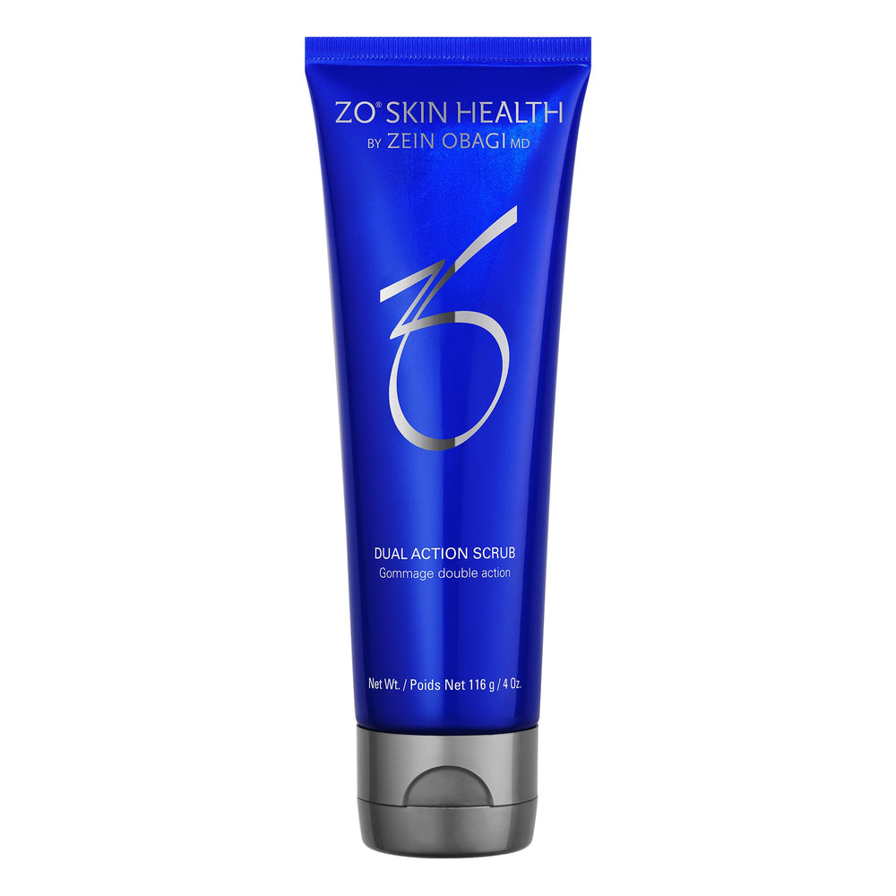 ZO SKIN HEALTH Dual Action Scrub bottle for at-home exfoliation.