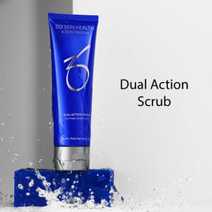 ZO SKIN HEALTH Dual Action Scrub particles visible on palm for gentle exfoliation.
