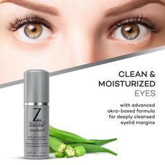 Hands applying ZocuFoam on eyelids for a cleansing routine.
