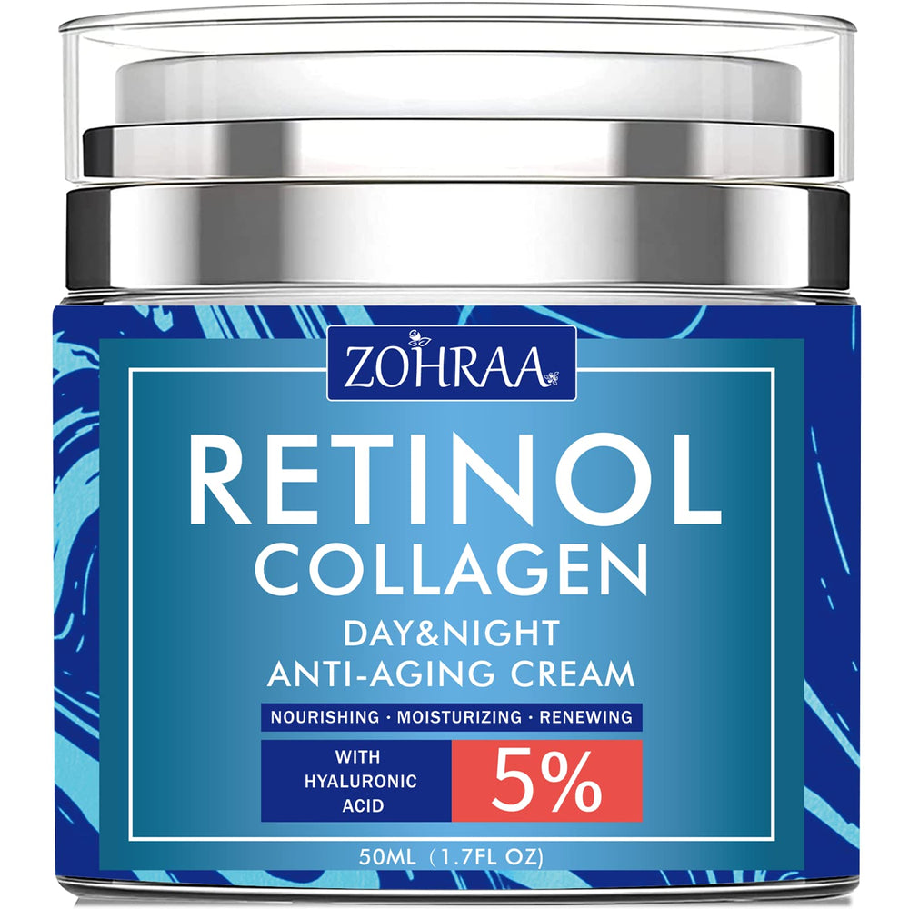 ZOHRAA retinol cream bottle packaging highlights premium anti-aging formulation for daily care.