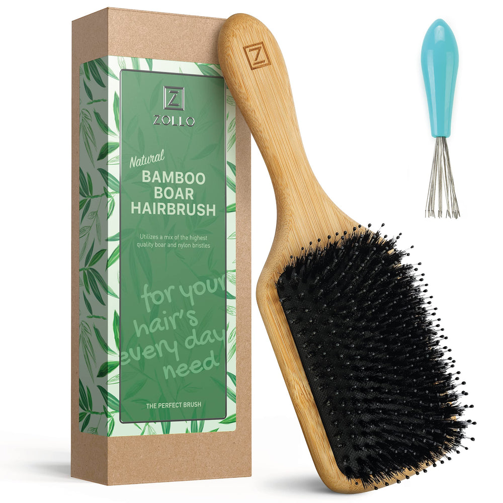 Zollo natural boar-bristle brush paddle for gentle detangling and shine.