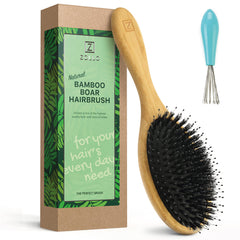 Zollo natural boar-bristle hair brush with black hairs for gentle detangling.