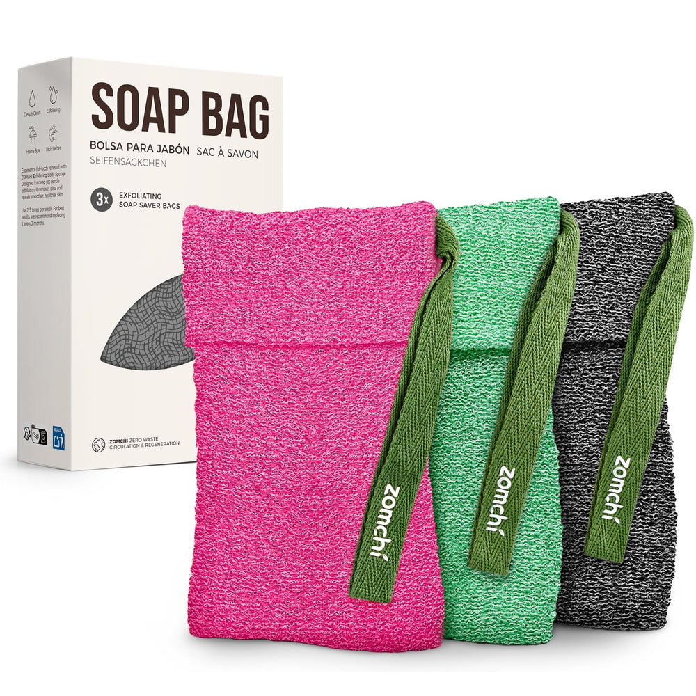 ZOMCHI bolsa exfoliante de 3 piezas para exfoliar y ahorrar jabón.