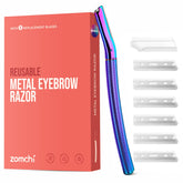 ZOMCHI eyebrow razor rainbow handle close-up shows precision blades for shaping