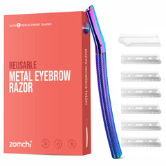 ZOMCHI eyebrow razor rainbow handle close-up shows precision blades for shaping