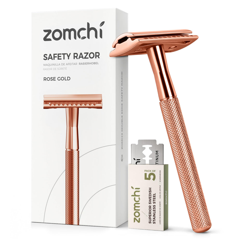ZOMCHI safety razor in rose gold shines, offering a precise, durable shave.