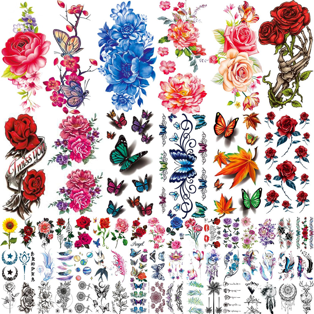 Tatuaje temporal Zomme rosas y mariposas para looks duraderos.