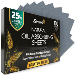 ZOROM'S bamboo charcoal blotting sheets absorb excess oil for a matte look.