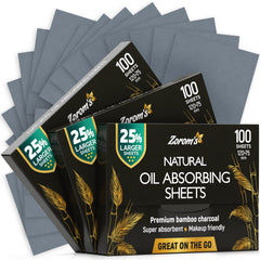 ZOROM'S natural oil blotting sheets with charcoal in a dispenser quickly refreshes skin.