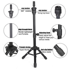 Compact, lightweight, foldable wig stand ideal for travel and desk use.