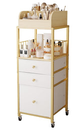 ZQUYAJ makeup organizer cart gold, front view for easy access to cosmetics and skincare.