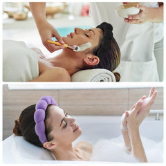 Diadema Ztomine en morado para maquillaje, mantiene el cabello fuera del rostro