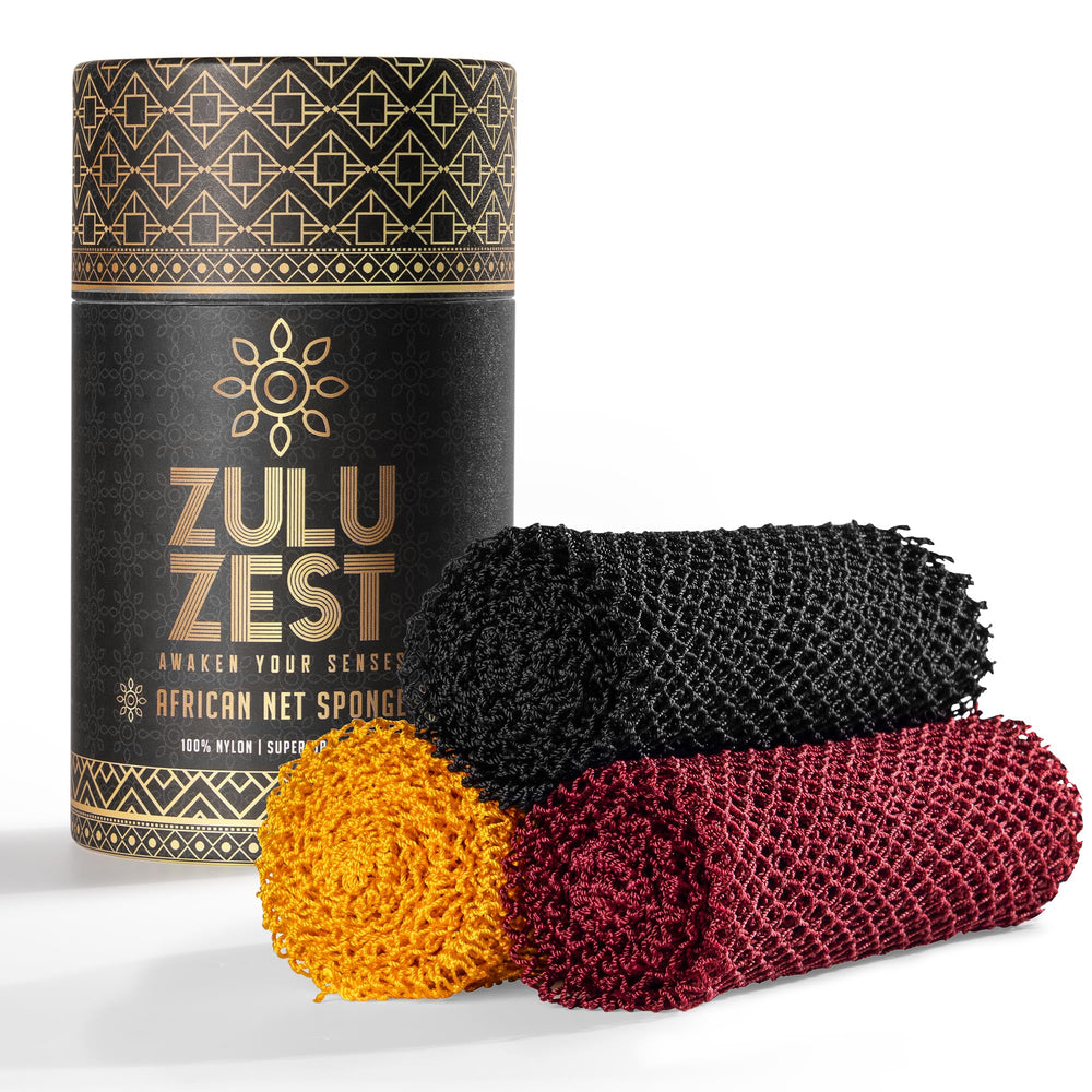 Esponja de red africana Zulu Zest en 3-pack para exfoliar rostro y cuerpo.