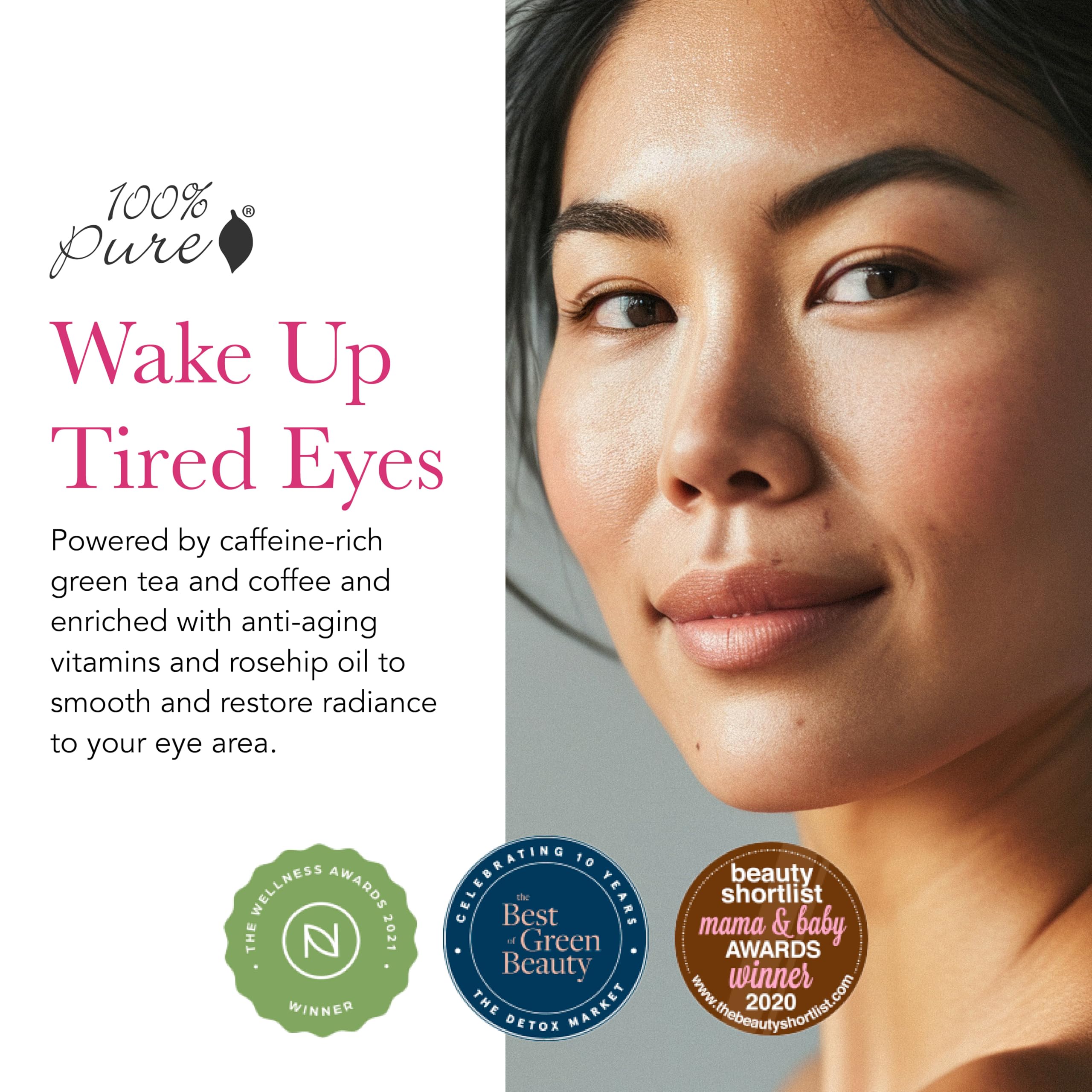 100% PURE Coffee Bean Caffeine Eye Cream tube front, hydration-ready formula.