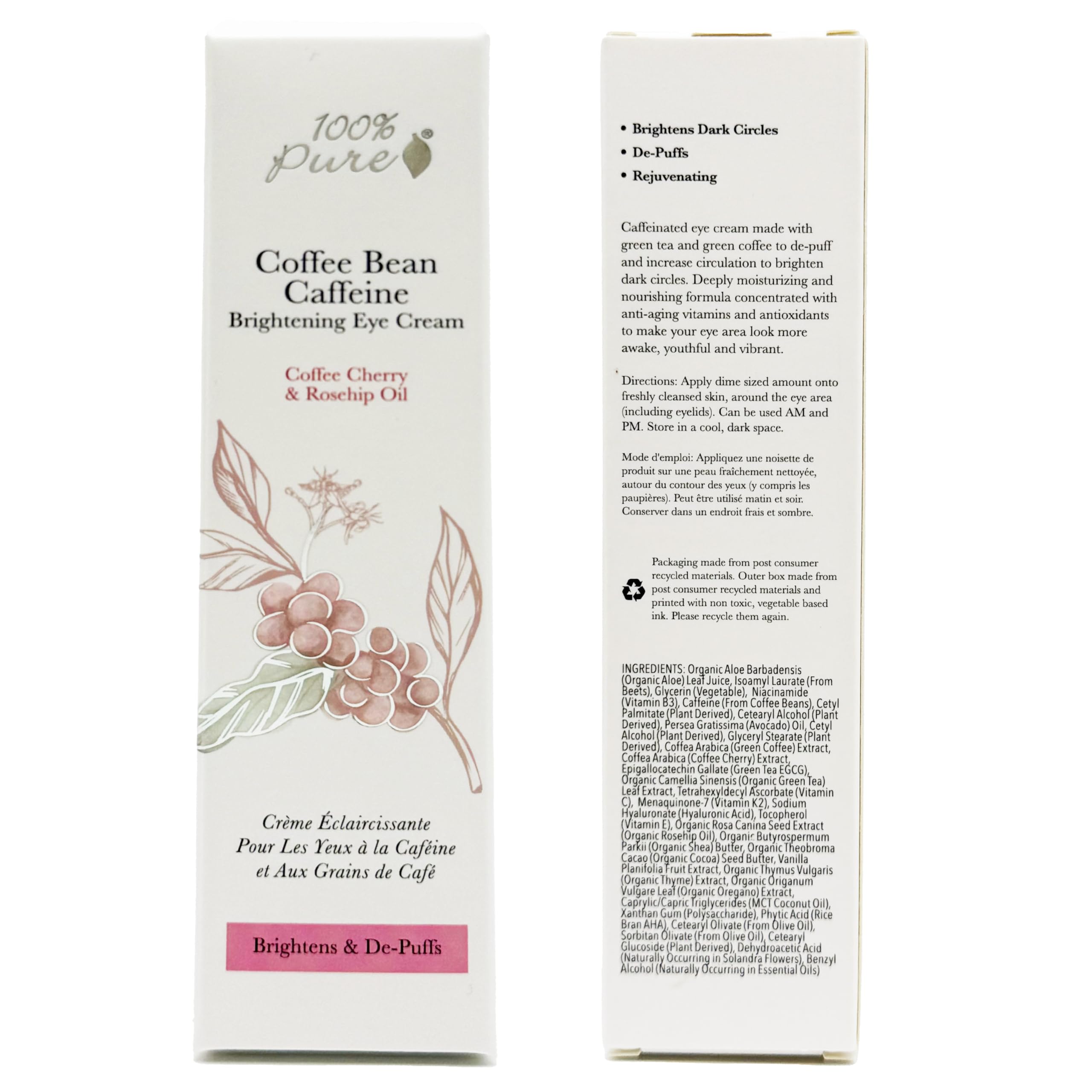 Vegan symbol on 100% PURE Coffee Bean Caffeine Eye Cream packaging.