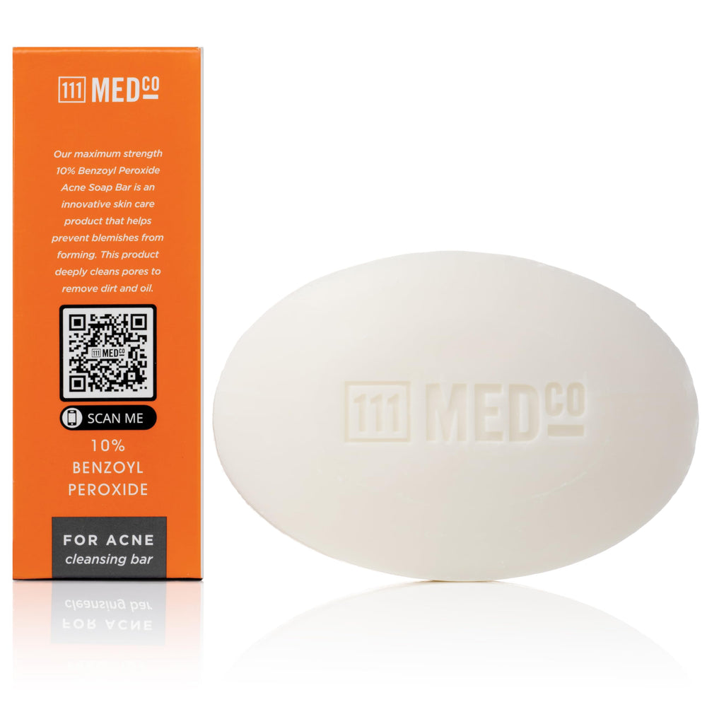 111MedCo bar lather close-up demonstrates cleansing with 10% benzoyl peroxide, supporting skin barrier comfort.