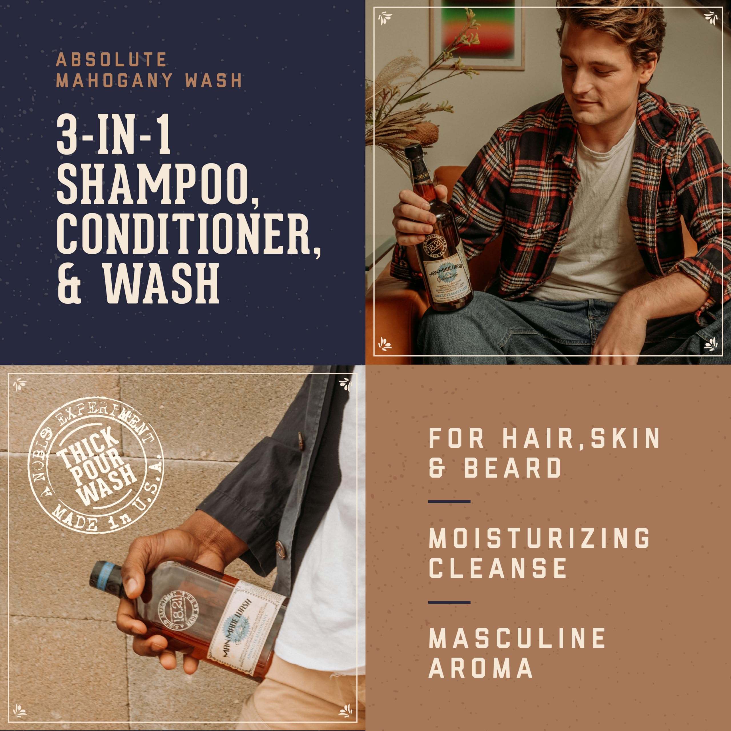 Conditioner dispensing from Absolute Mahogany bottle, hydrates hair and scalp.