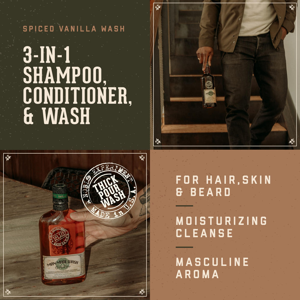 18.21 Man Made Original Spiced Vanilla shower scene shows versatile hair and body wash