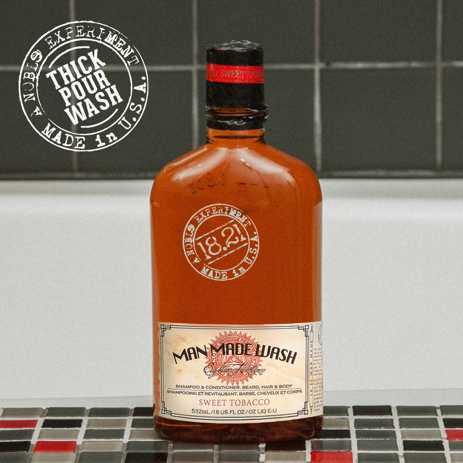 Packaging shows 18 oz bottle for 18.21 Man Made Original Sweet Tobacco