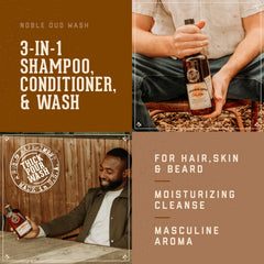 Noble Oud shampoo pour illustrates easy rinse and refreshing scalp for daily use.