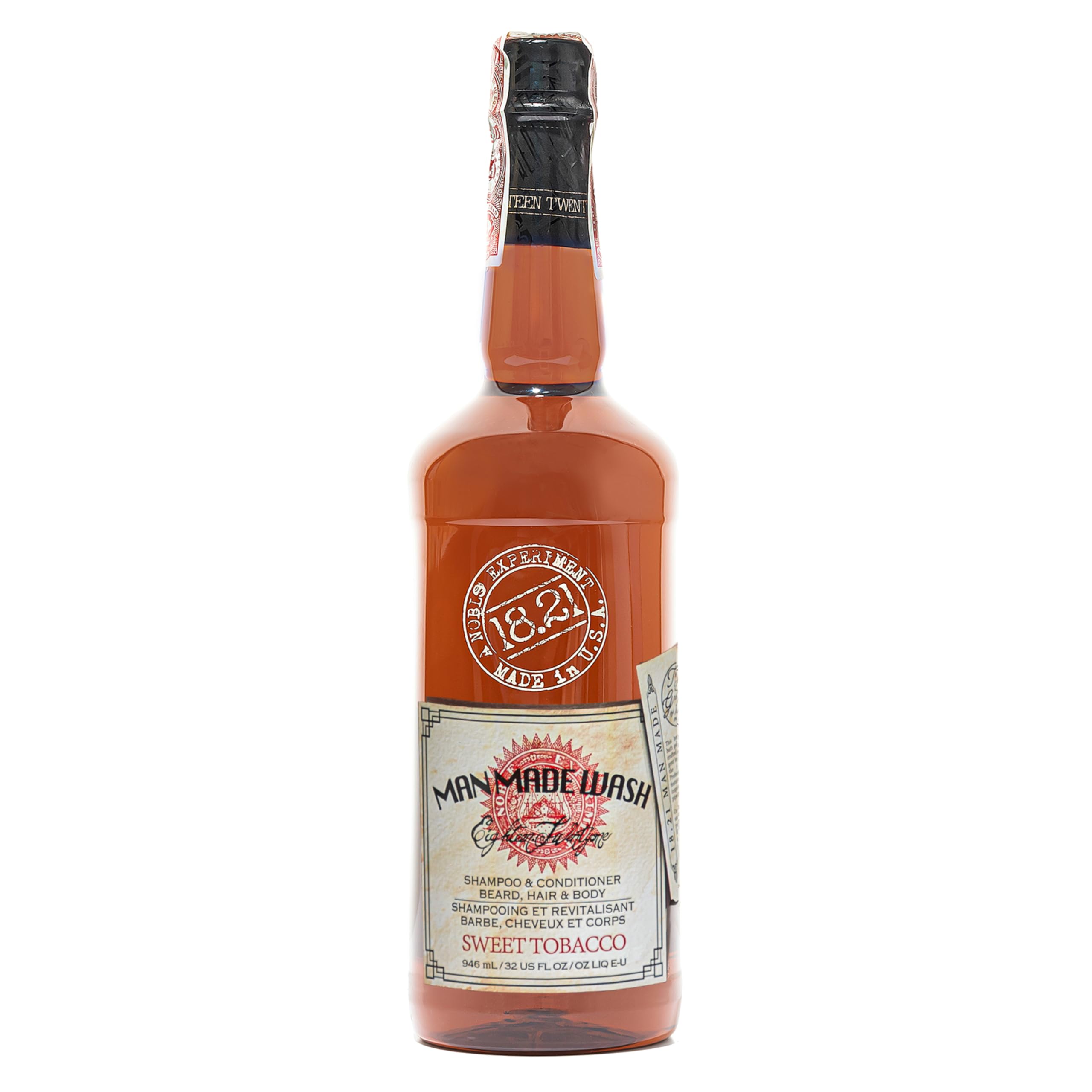 18.21 Man Made Sweet Tobacco wash bottle highlights an all-in-one cleanse for body and hair
