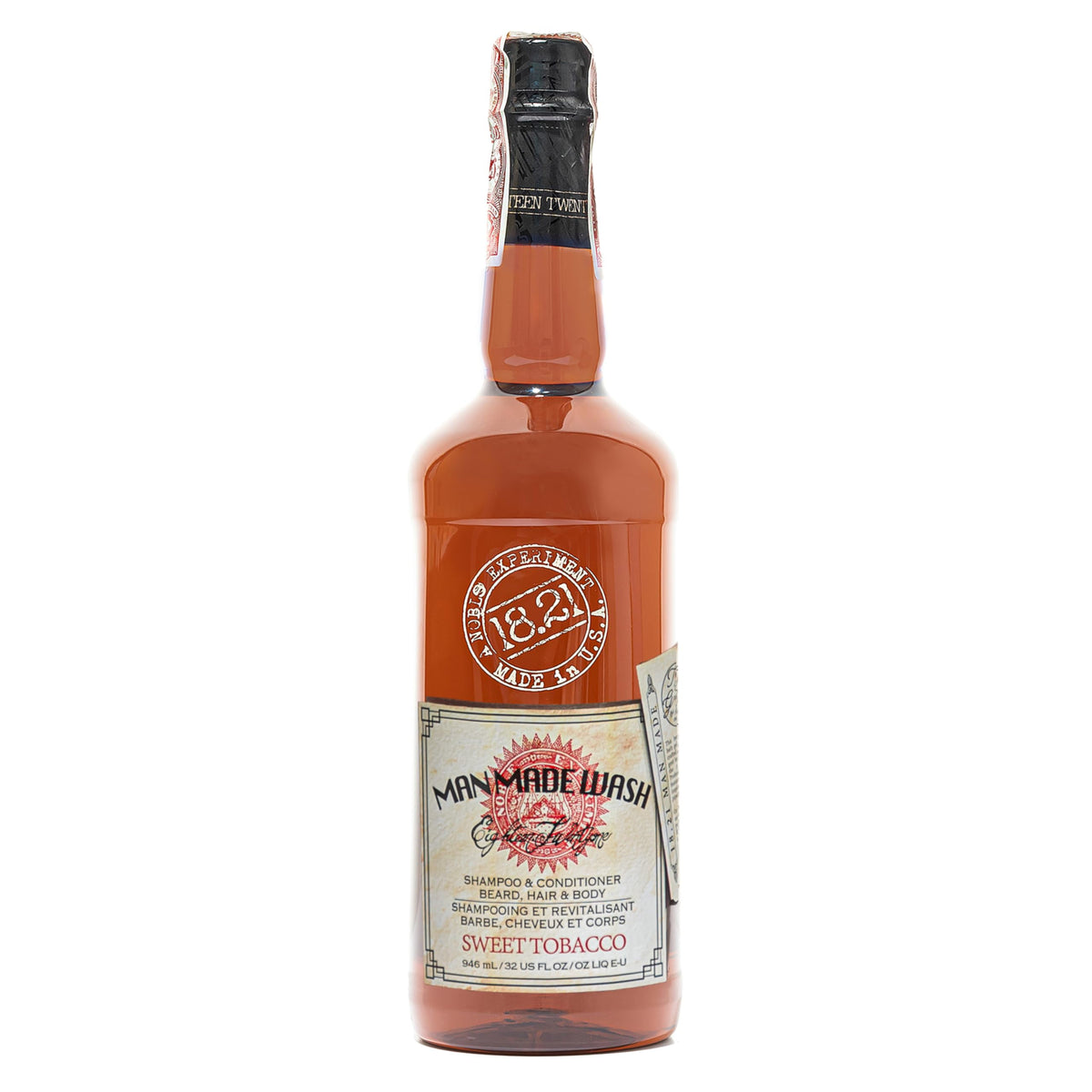 18.21 Man Made Sweet Tobacco wash bottle highlights an all-in-one cleanse for body and hair