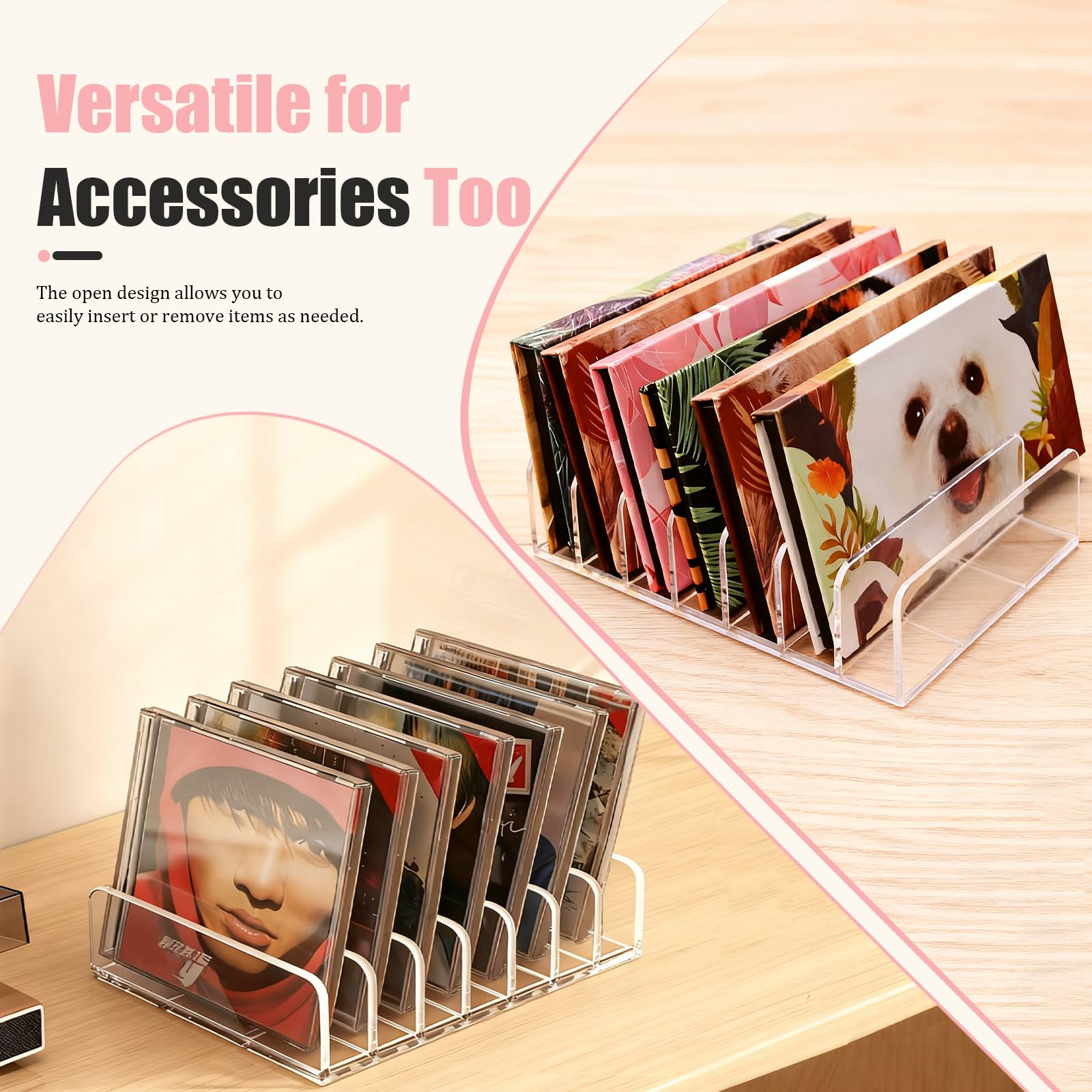 2-pack acrylic organizer highlighting large palettes and slim compacts capacity.