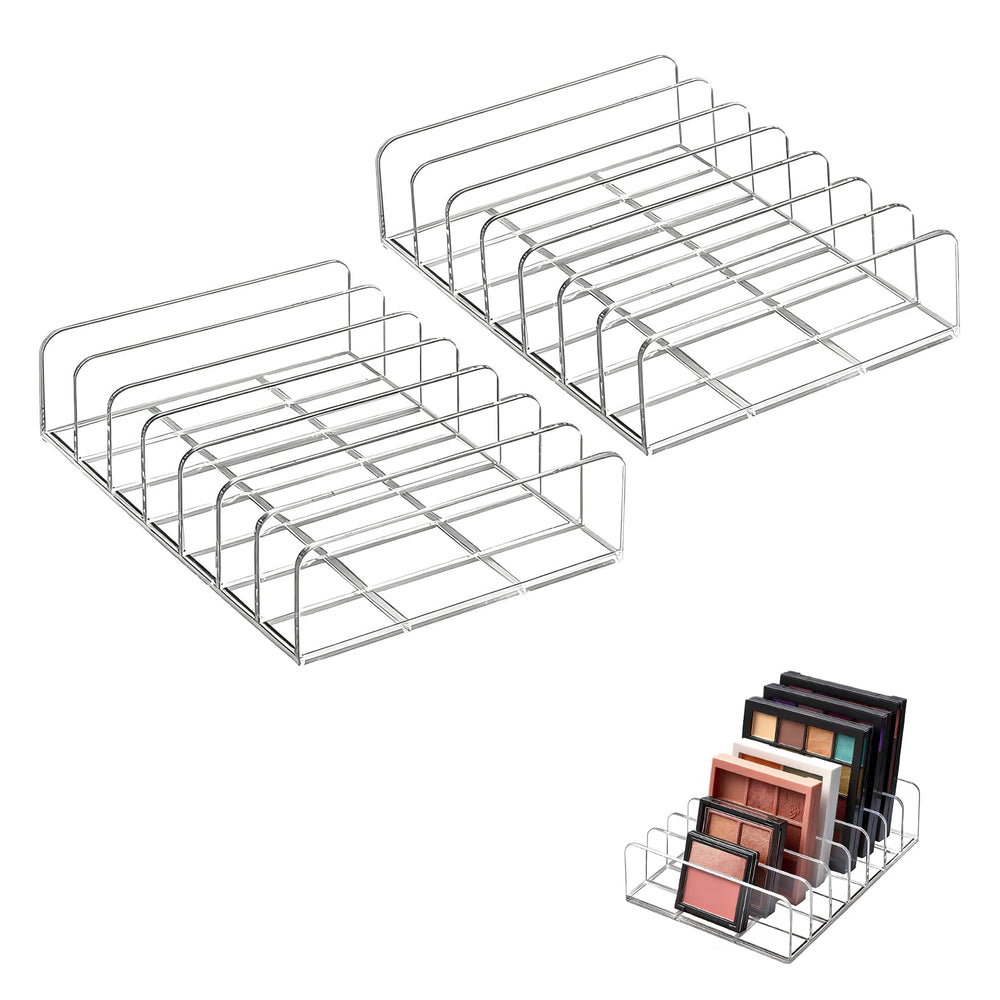 2-pack acrylic makeup palette organizer, top view showing seven clear compartments for easy access.