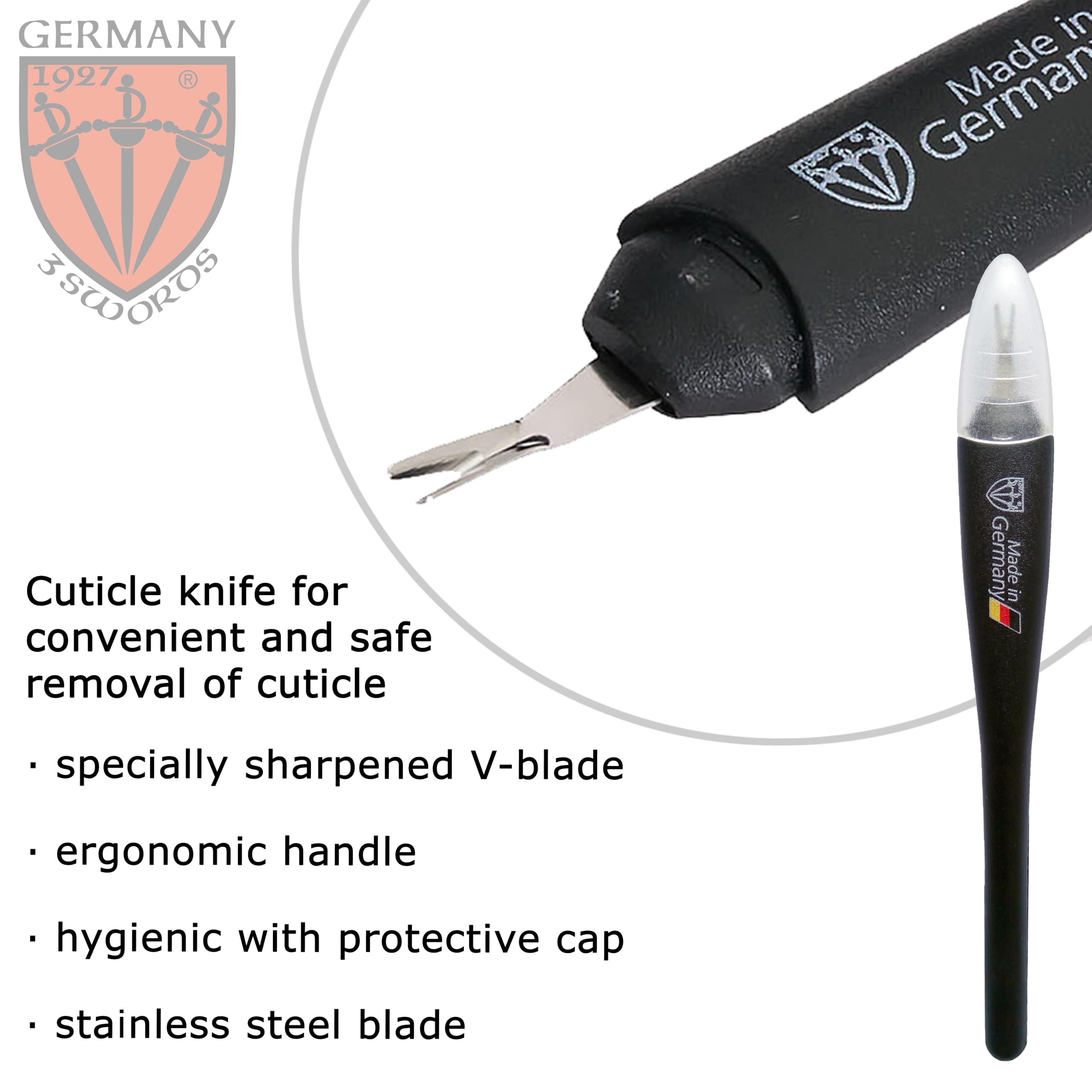 Transparent case protecting the cuticle knife for safe travel.