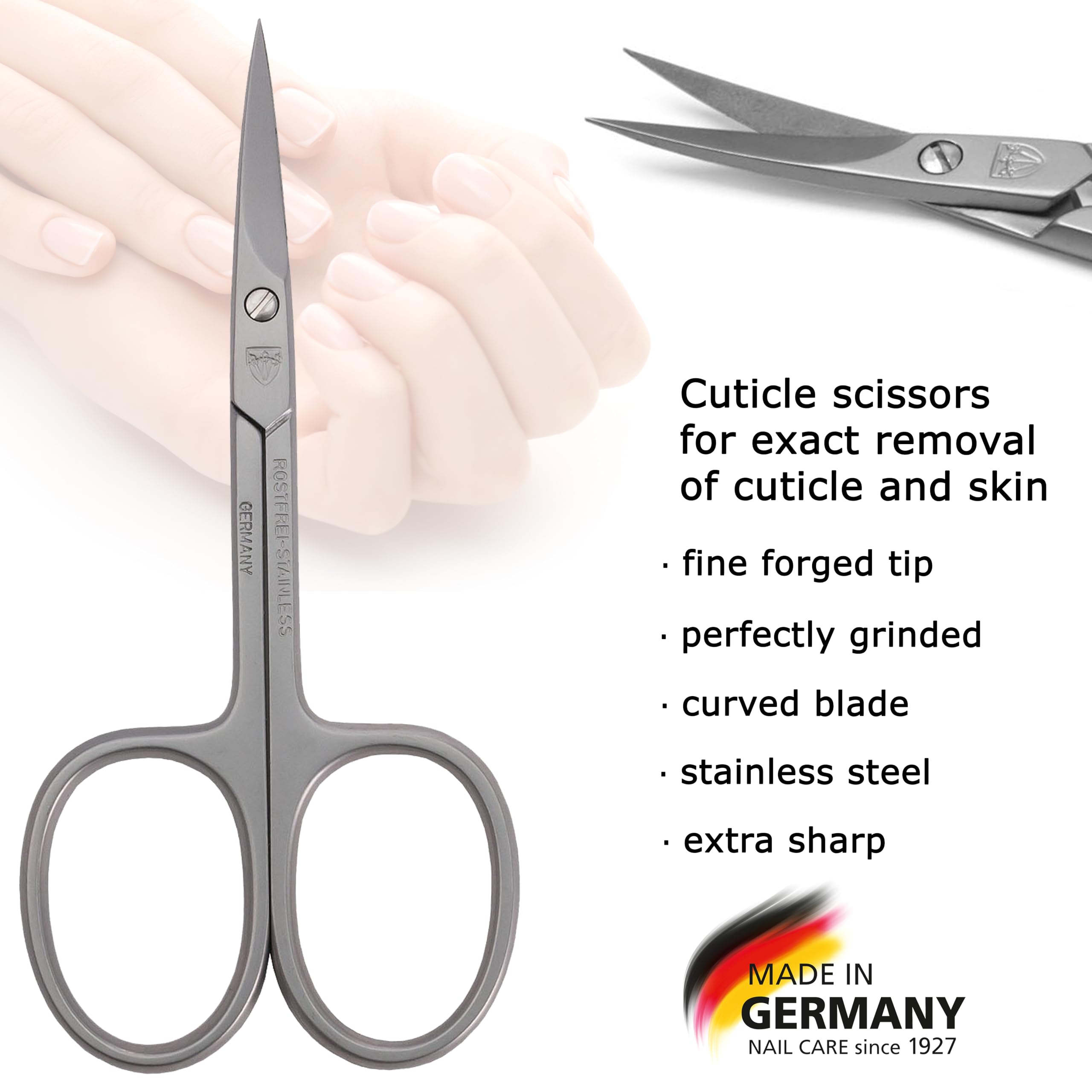 Close-up of 3 Swords Germany cuticle scissors blade showing curved edge.