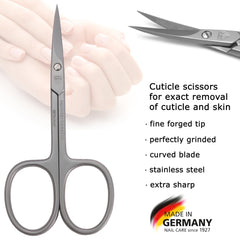 Close-up of 3 Swords Germany cuticle scissors blade showing curved edge.