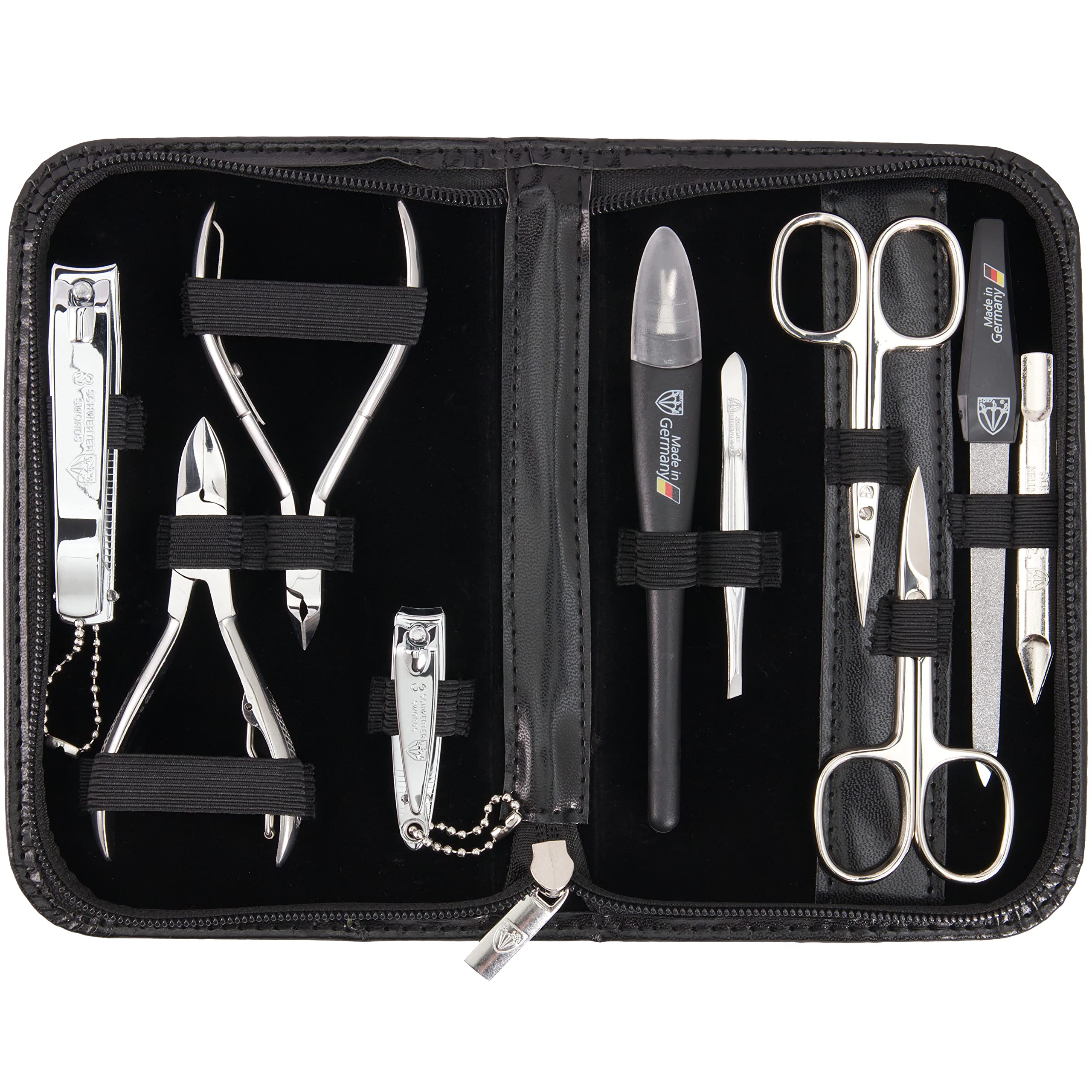 3 Swords Germany manicure kit in black leather case open for easy access