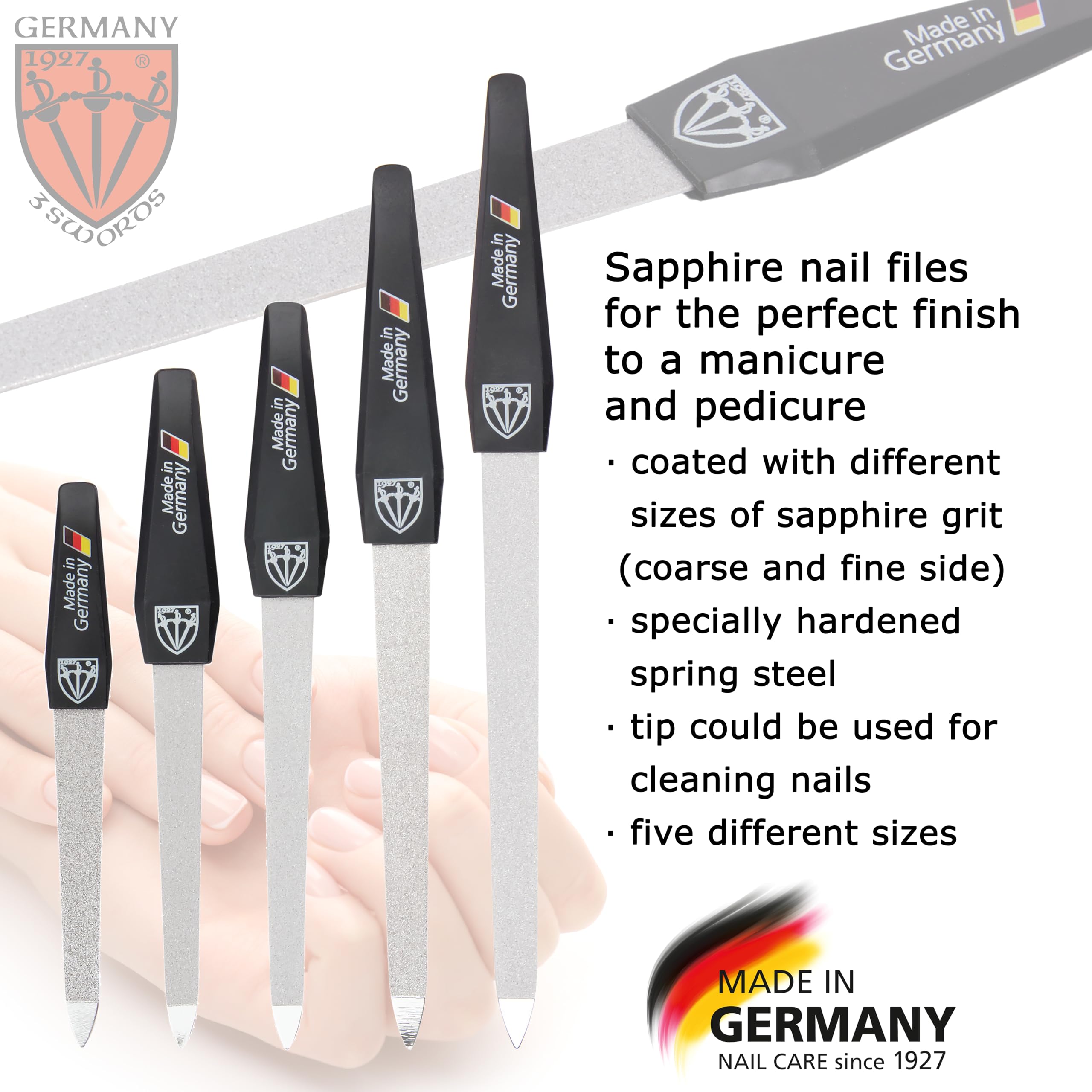 Close-up of sapphire-coated files with 3-way buffer for a smooth finish.