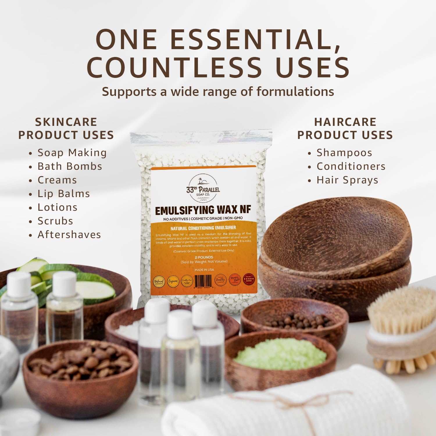 33RD PARALLEL SOAP CO Emulsifying Wax NF pastilles shown with bottles for hair care formulation.