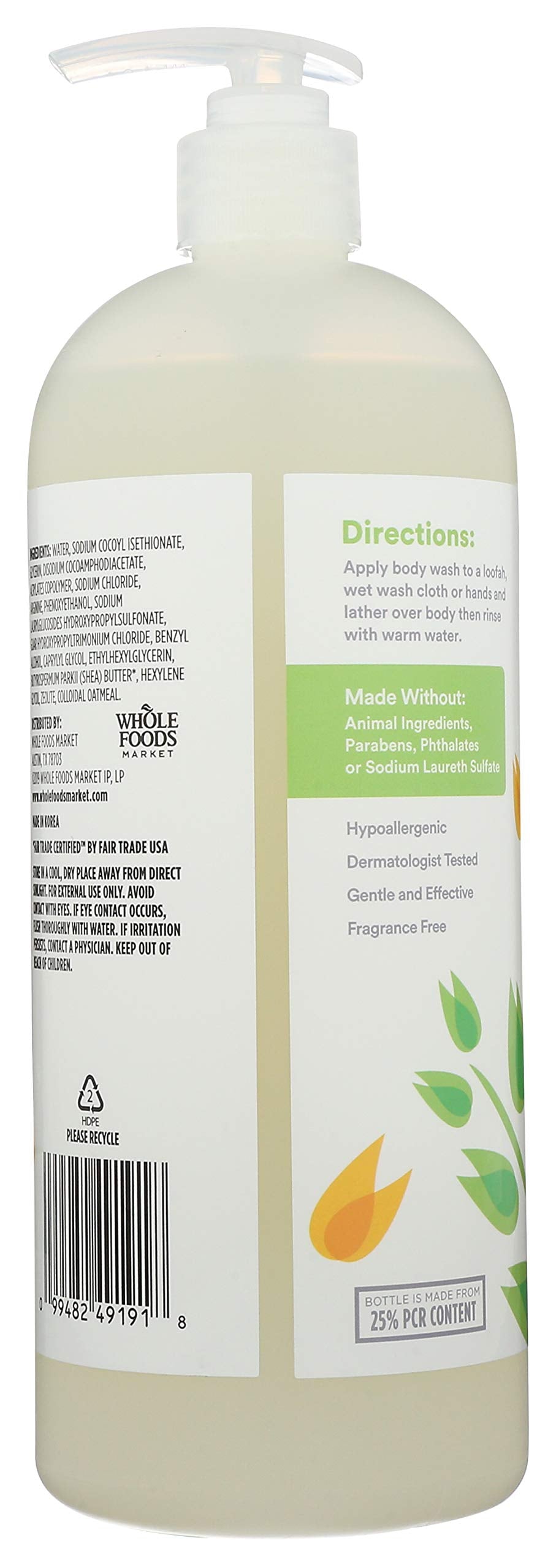 365 by Whole Foods Market fragrance-free body wash bottle with no artificial dyes.