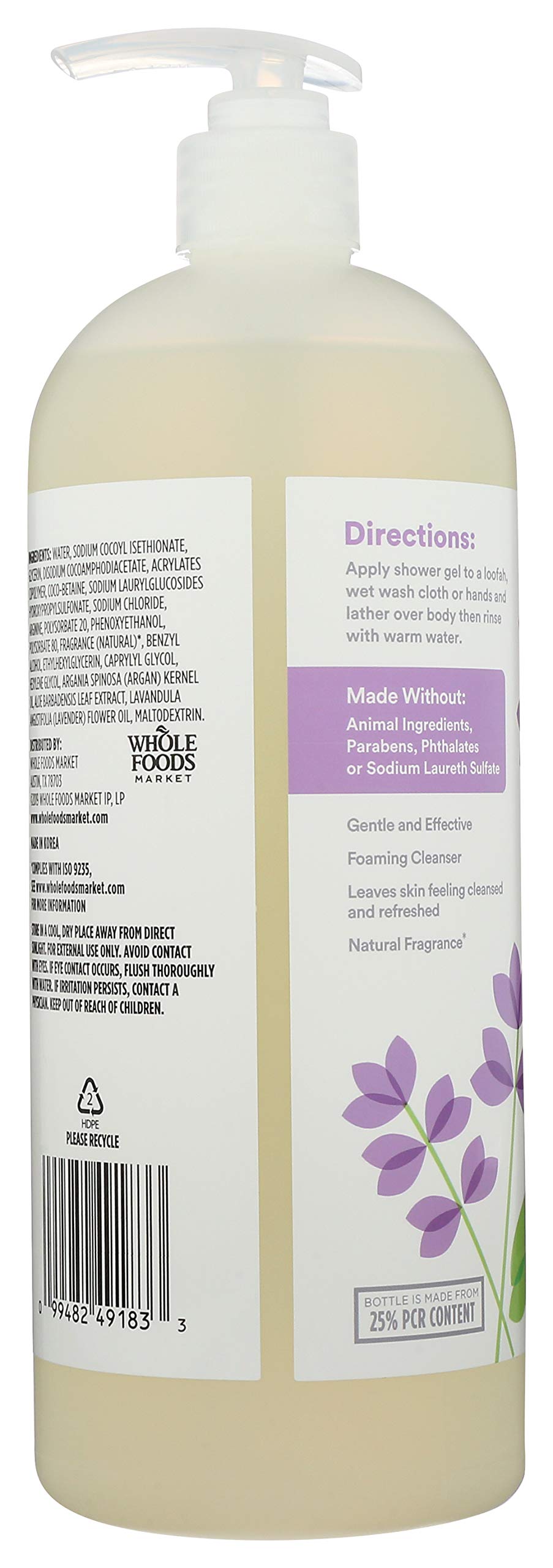 365 by Whole Foods Market lavender shower gel with argan oil benefits.